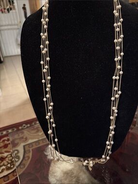 Multi-Strand Gold Pearl Station Necklace - Women Jewelry 86 Inches Long